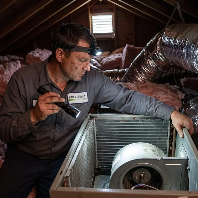 Professional Systems HVAC technician inspecting an attic air handler's evaporator coil and blower