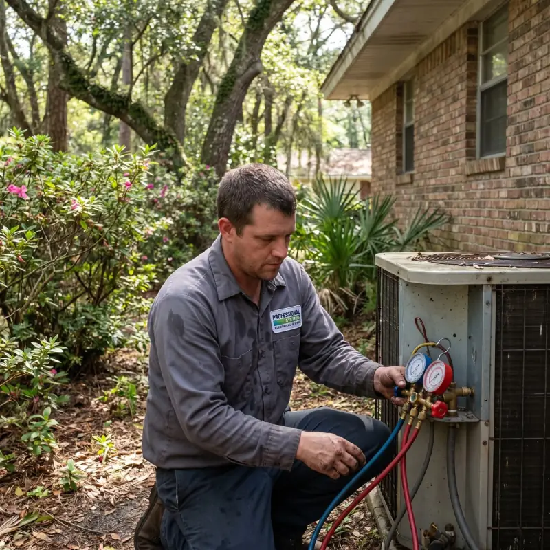 Professional Systems HVAC technician checking refrigerant gauges on a central air condenser at a Gulf Coast home
