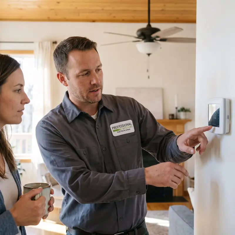 Professional Systems technician walking a homeowner through thermostat settings in a Gulf Coast living room