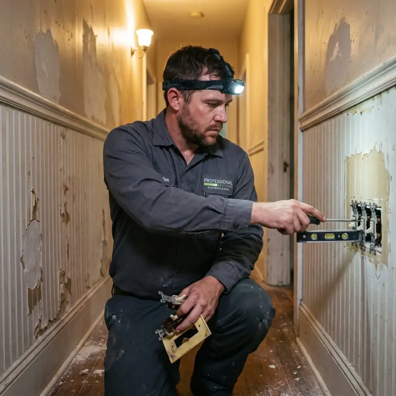 Professional Systems electrician installing a new three-gang light switch in the hallway of an older Mobile, AL home