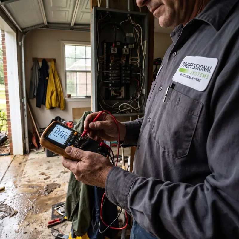 Professional Systems electrician testing voltage on a panel's main lugs after a storm in Mobile, AL, the meter reading uneven