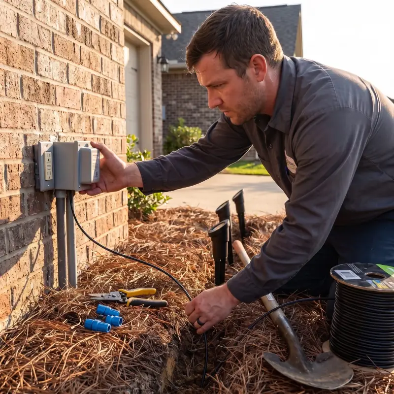 Professional Systems electrician mounting a low-voltage lighting transformer and running direct-burial cable to landscape fixtures