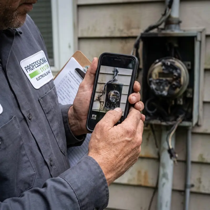 Professional Systems electrician photographing a scorched meter base and bent mast for a hurricane insurance claim in Mobile, AL