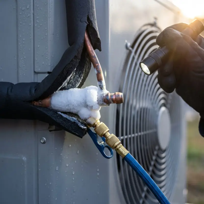 Close-up of a frost-covered suction line and flare fitting on a ductless mini split outdoor unit during a repair diagnosis