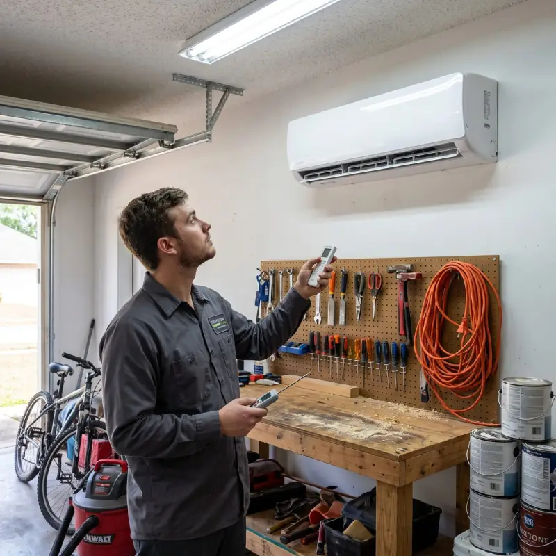 Professional Systems technician testing a wall-mounted ductless mini split in a converted garage workshop in Saraland, AL