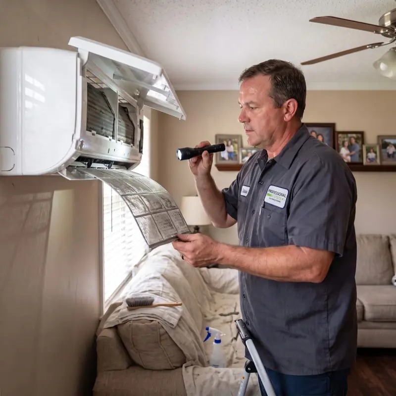 Professional Systems technician removing a dusty filter from a wall-mounted ductless mini split indoor unit during maintenance