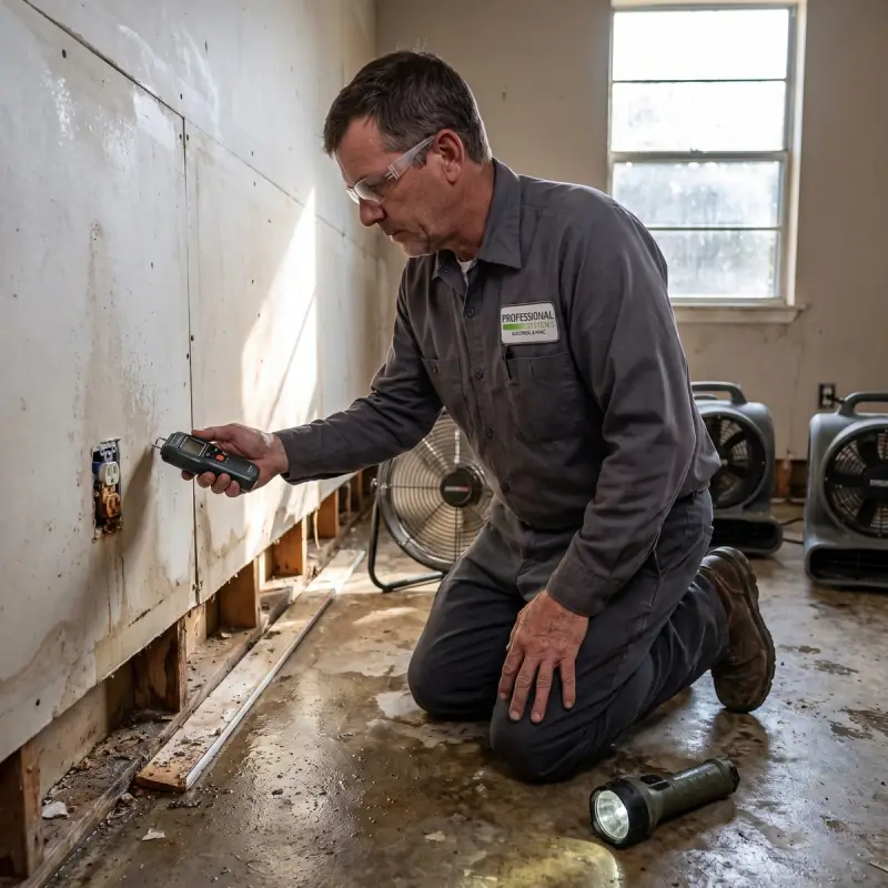 Professional Systems electrician using a moisture meter on a flood-line outlet during a post-storm inspection in Mobile, AL