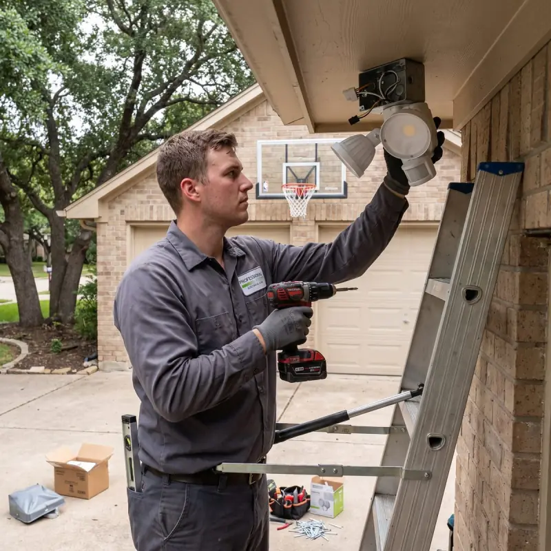 Professional Systems electrician on a ladder installing a motion-sensor LED floodlight under the eave of a garage