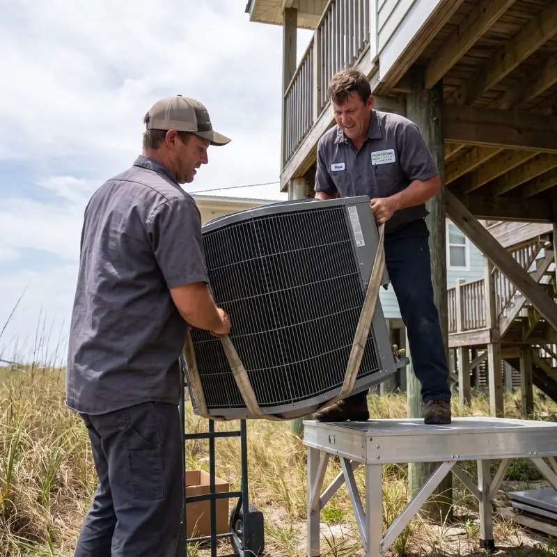 Professional Systems technicians installing a new air conditioner condenser on an elevated stand at a raised coastal Alabama home