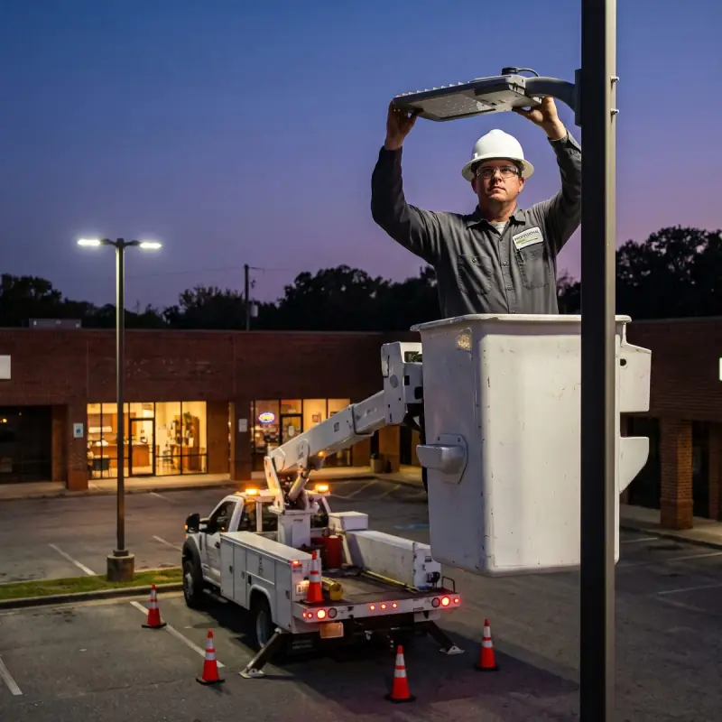 Professional Systems electrician in a bucket truck fitting an LED fixture to a parking-lot light pole at a Mobile, AL strip center
