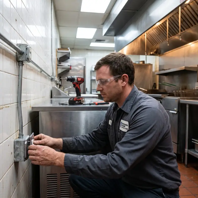 Professional Systems electrician installing a dedicated receptacle for a reach-in cooler in a Mobile, AL restaurant kitchen