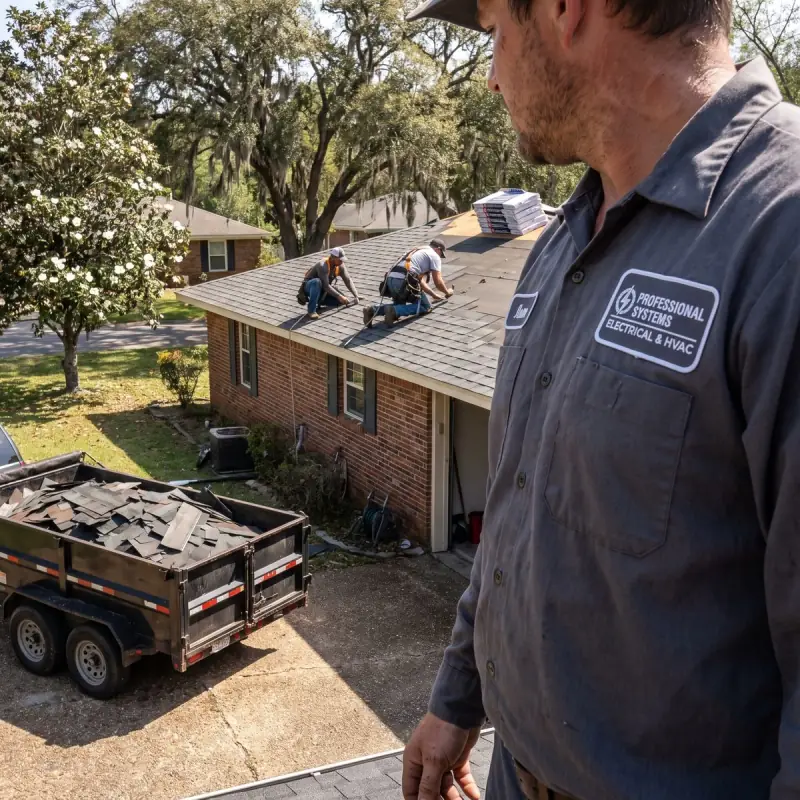 Roofing crew installing new architectural shingles on a Mobile, AL home