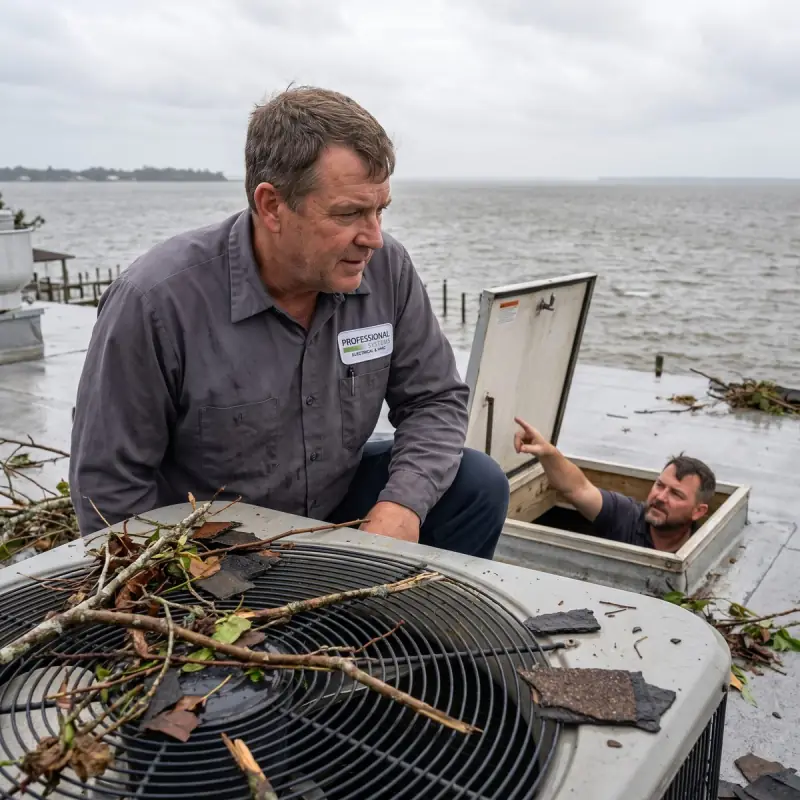 Professional Systems HVAC technician checking a rooftop condenser on a Daphne, AL waterfront restaurant after a storm