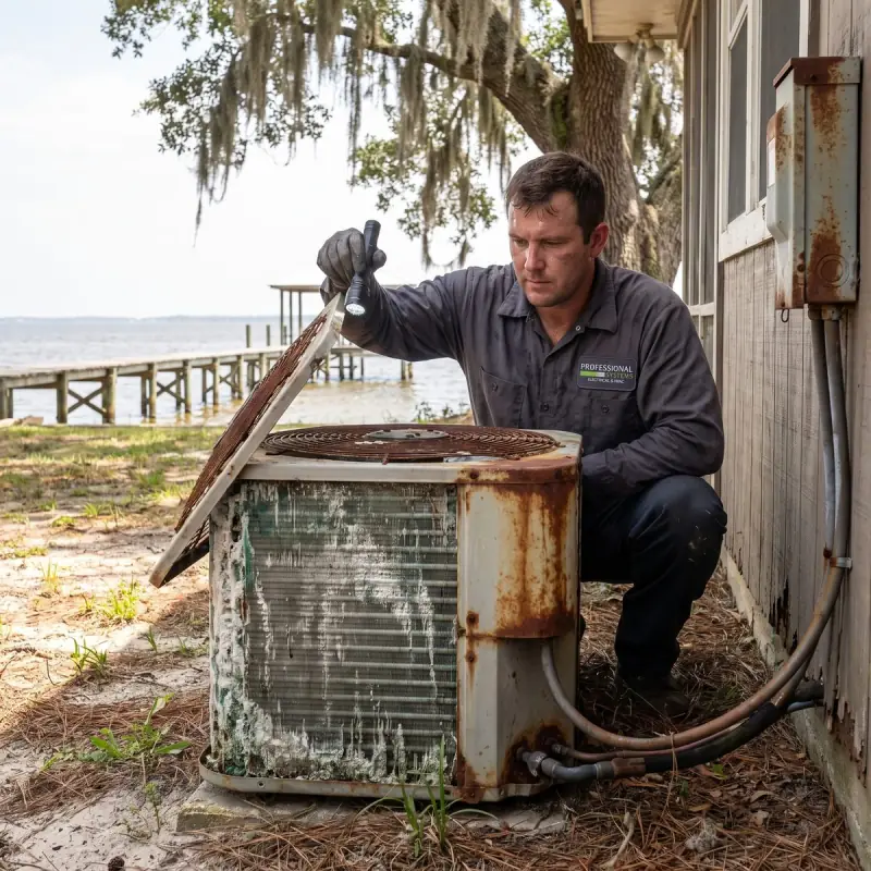 Professional Systems technician inspecting the salt-corroded coil of an older AC condenser on the bay side of a Fairhope, AL home