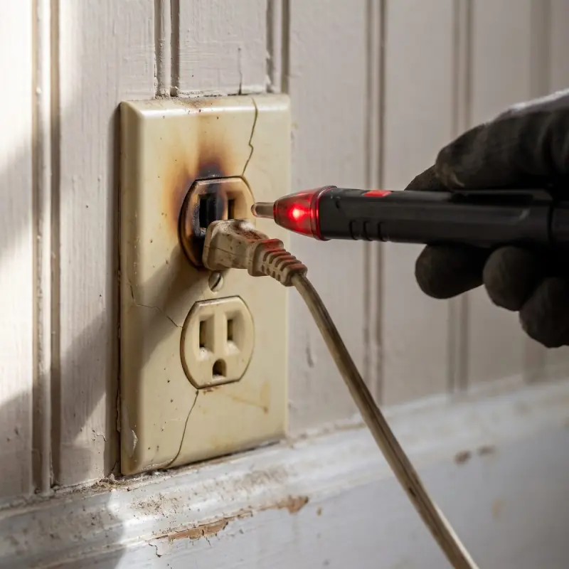 Close-up of an old wall outlet with heat discoloration, a cracked cover plate and a loose plug, with an electrician's voltage tester beside it