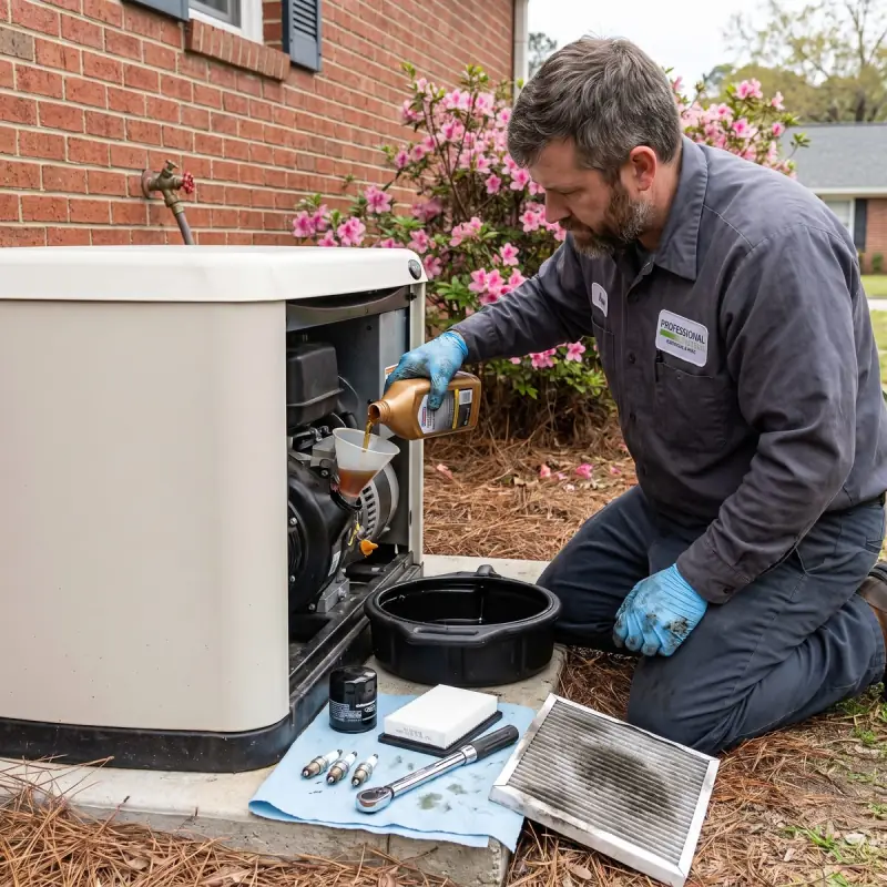 Professional Systems technician changing the oil and filters on a standby generator during annual maintenance in Mobile, AL