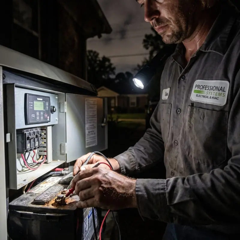 Professional Systems electrician testing corroded generator battery terminals by flashlight during a night outage in Mobile, AL
