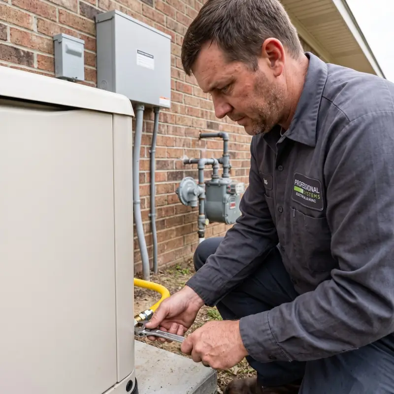 Professional Systems technician connecting the gas line to a standby generator, with the transfer switch, conduit and gas meter on the wall behind