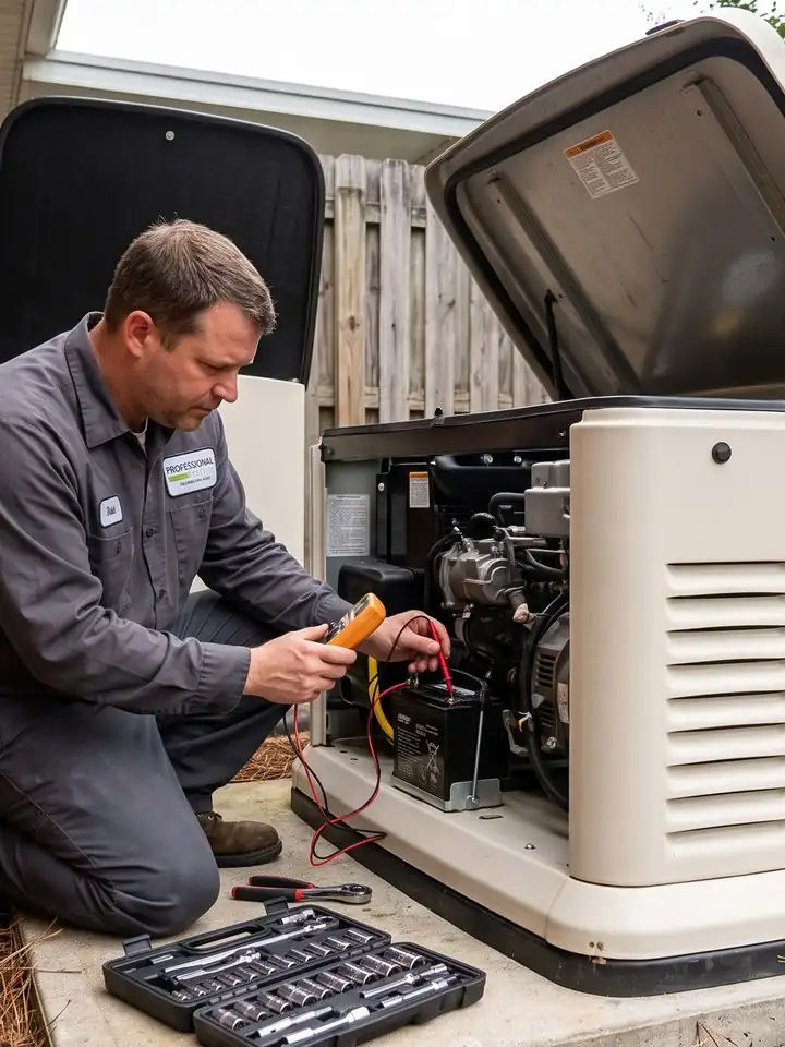 Professional Systems technician testing a standby generator battery during a repair visit in Mobile, AL