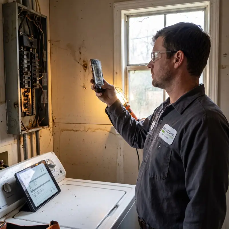Professional Systems electrician photographing storm damage inside an electrical panel for an insurance claim in Mobile, AL