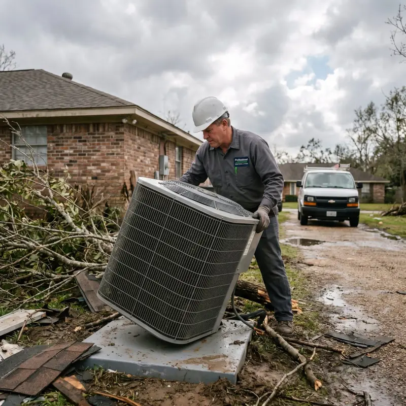 Professional Systems HVAC technician righting a central air condenser a hurricane tipped off its pad beside a Mobile, AL home
