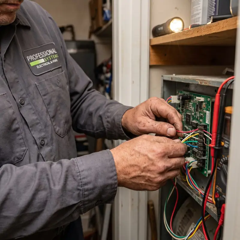 Professional Systems technician connecting low-voltage thermostat wires to an air handler control board in a Mobile, AL utility closet