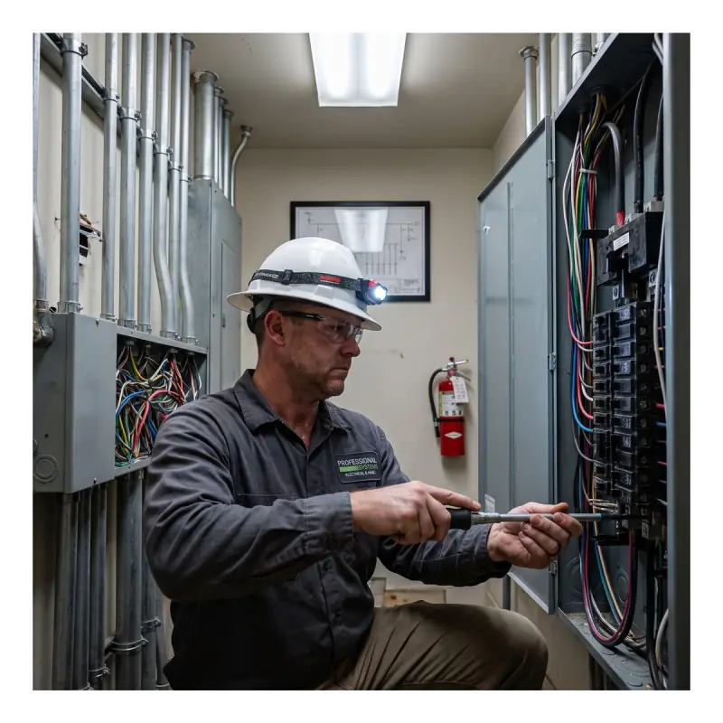 Professional Systems commercial electrician landing conductors in a three-phase panelboard in a Mobile, AL electrical room