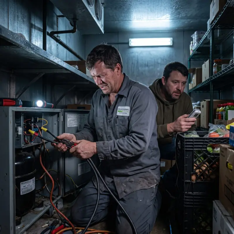 Professional Systems electrician wiring temporary power to a walk-in cooler compressor at a Mobile, AL restaurant after a storm