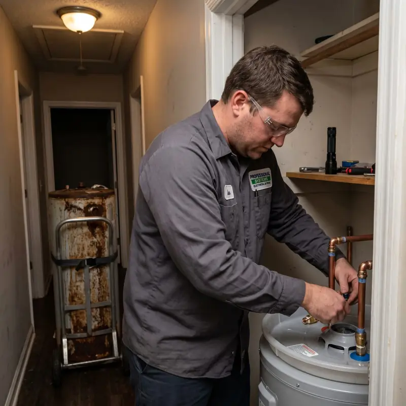 Technician connecting a newly installed tank water heater in a utility closet