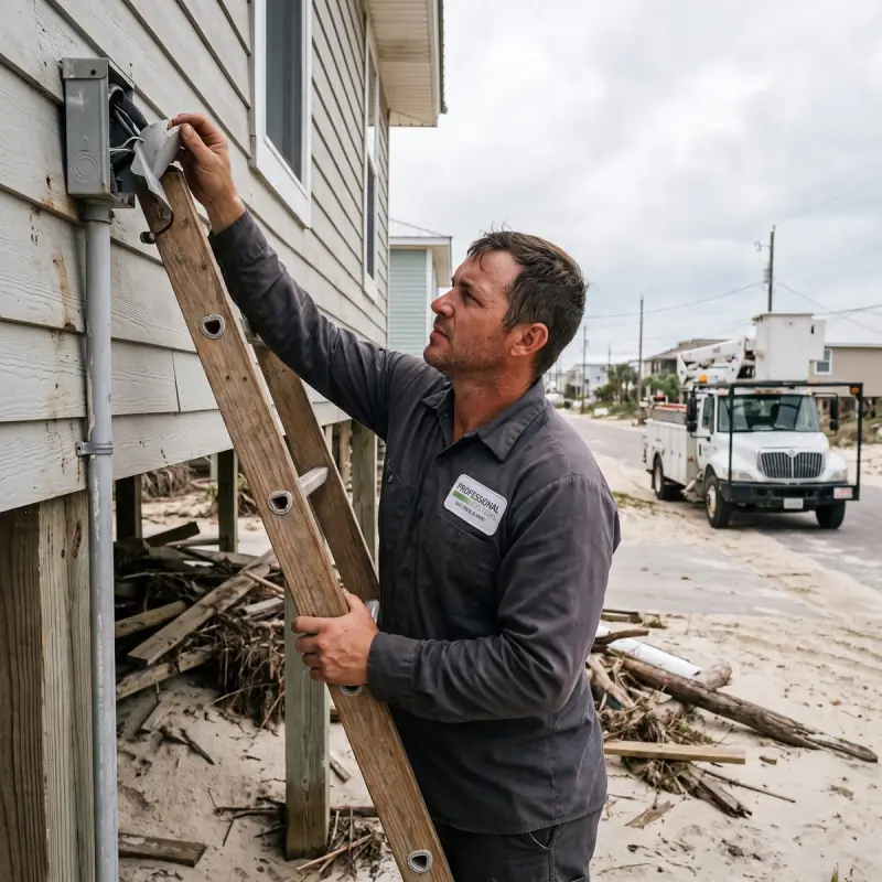 Professional Systems electrician on a ladder replacing a storm-torn weather head on a coastal cottage in Gulf Shores, AL