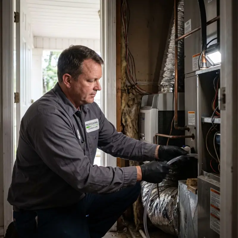 Professional Systems technician installing a whole-home dehumidifier on an air handler after storm water damage in Mobile, AL